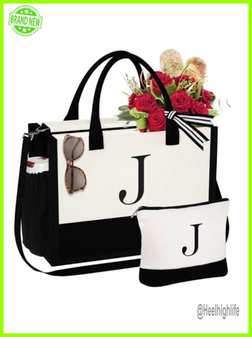 Initial Canvas Tote Bag & Makeup Bag Monogrammed Beach Bag Large Capacity Zipper
